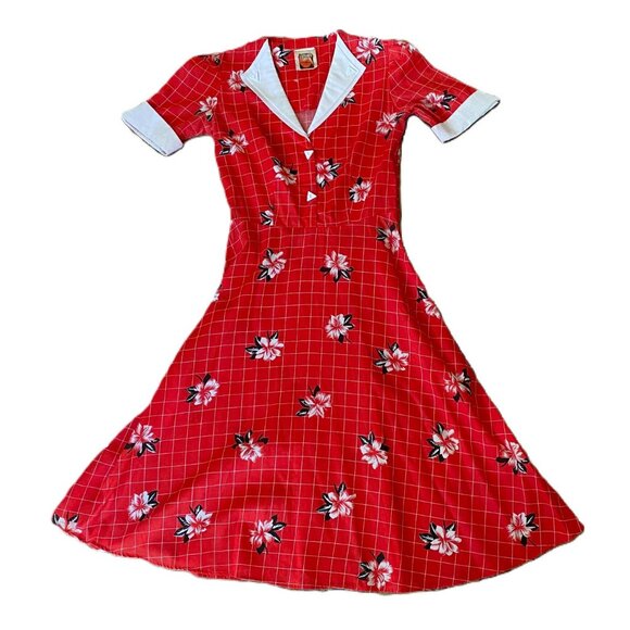 Vintage retro style midi dress floral and checkered print vibrant red - Picture 1 of 15